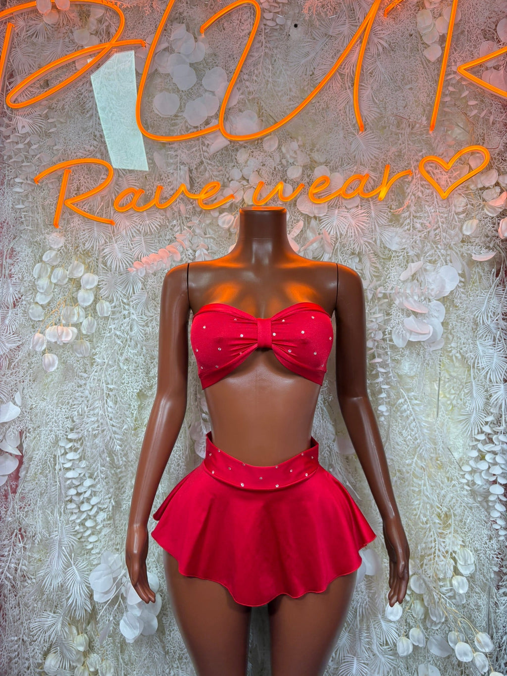 Red satin bow bandeau top with mini skirt set, strapless, matching waistband