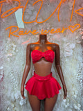 Red satin bow bandeau top with mini skirt set, strapless, matching waistband