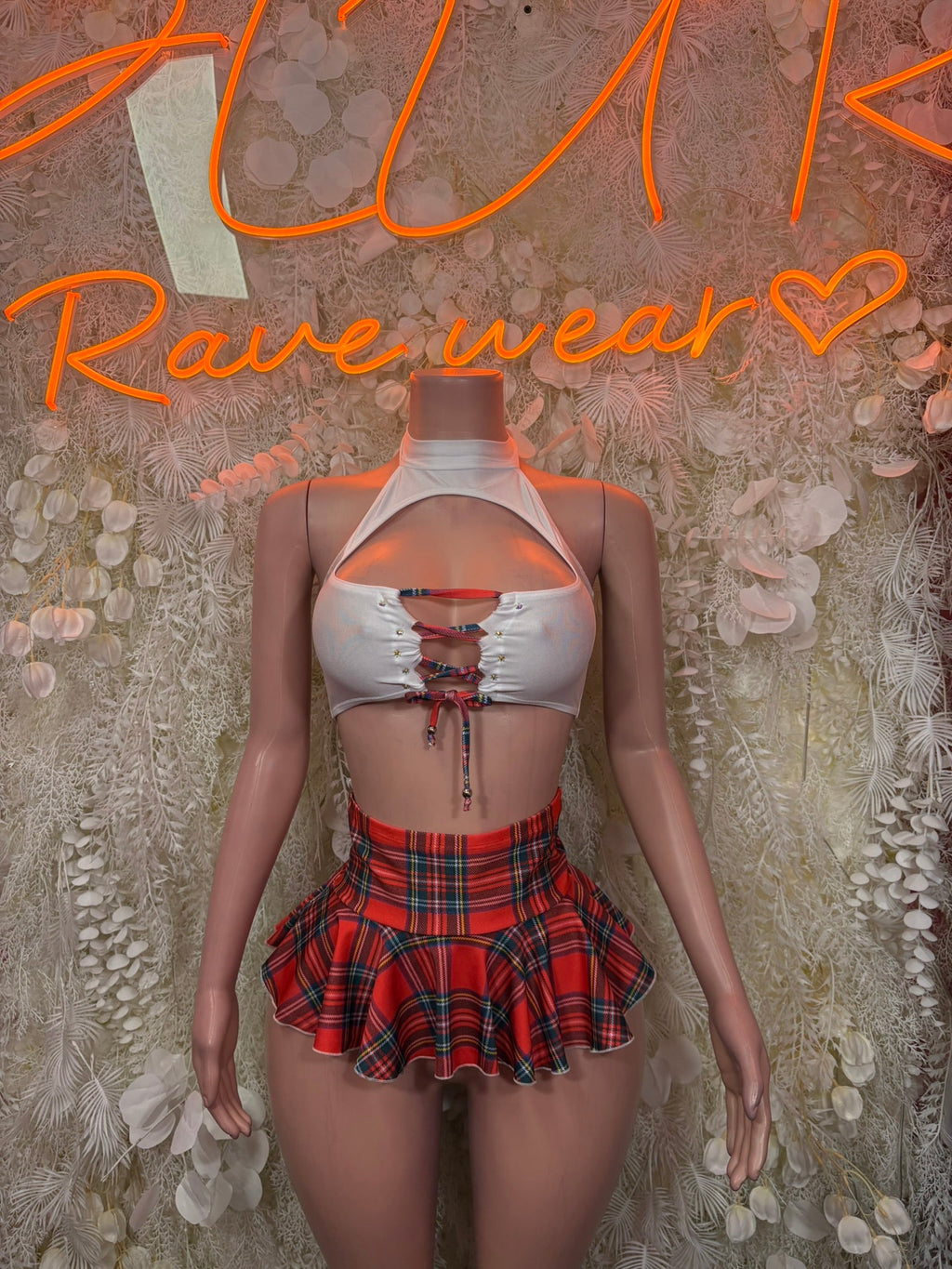 White halter crop top with red plaid mini skirt dancewear set