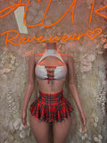 White halter crop top with red plaid mini skirt dancewear set