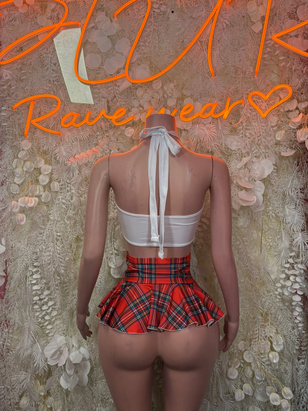 White halter backless crop top with tie back and red plaid mini skirt set