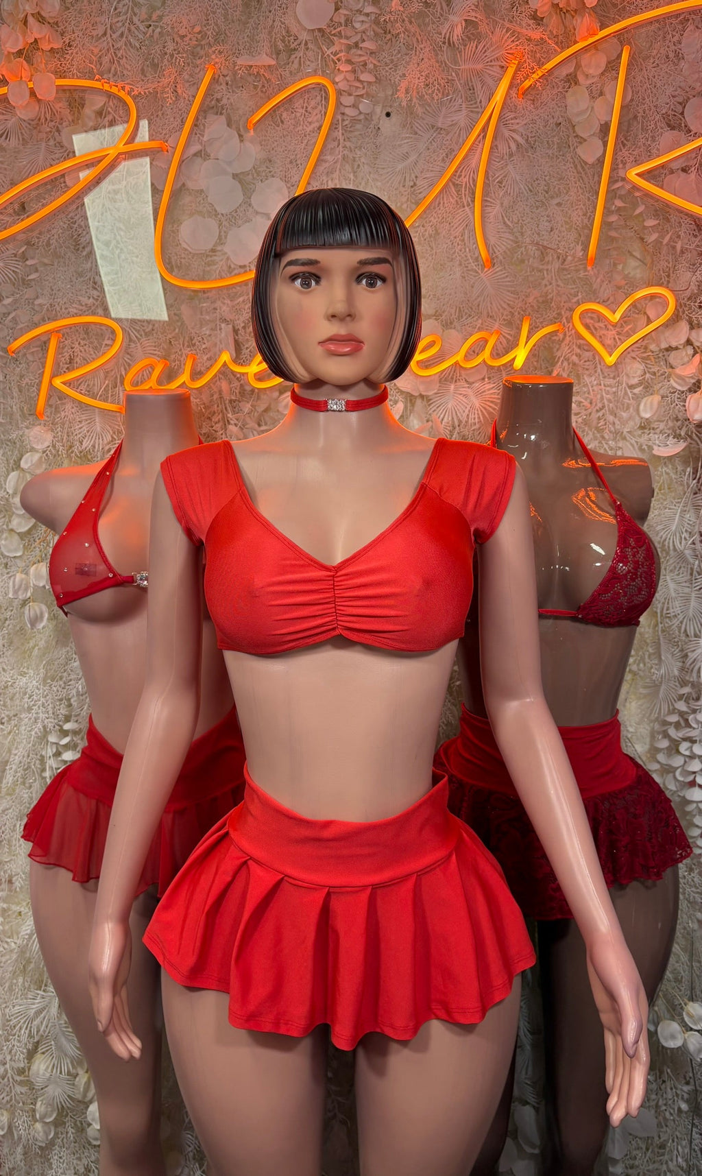 Red ruched lace halter bra and ruffled mini skirt set