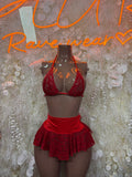 Red lace halter bikini top with ruffled mini skirt set