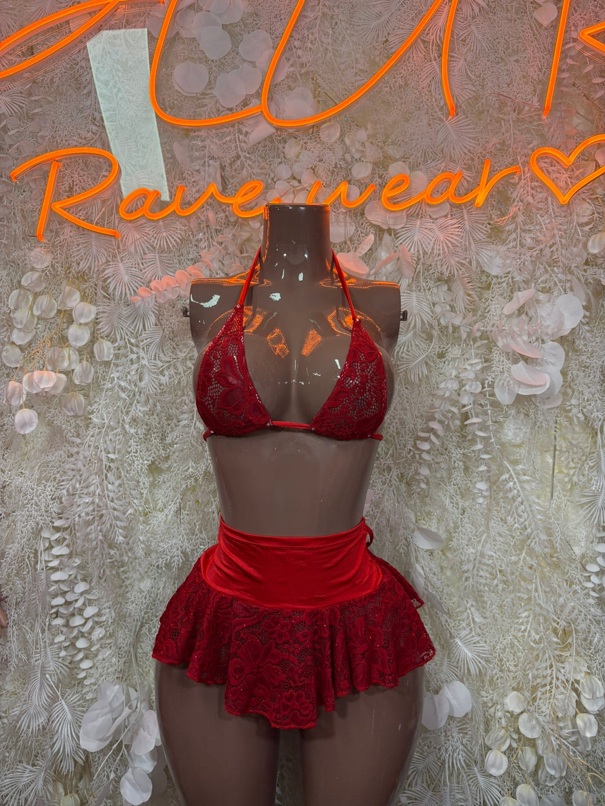 Red lace halter bikini top with ruffled mini skirt set