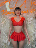 Red ruched short-sleeve crop top and ruffled mini skirt set, front view