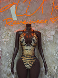 Tiger-print sheer long-sleeve bodysuit with plunging neckline and thong bottom