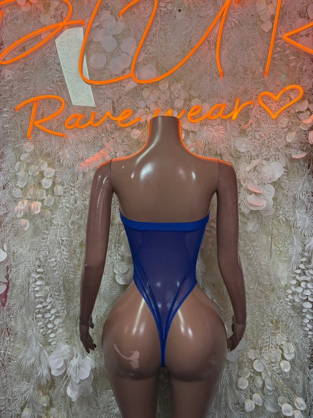 Royal blue lace bodysuit with low back and thong cut