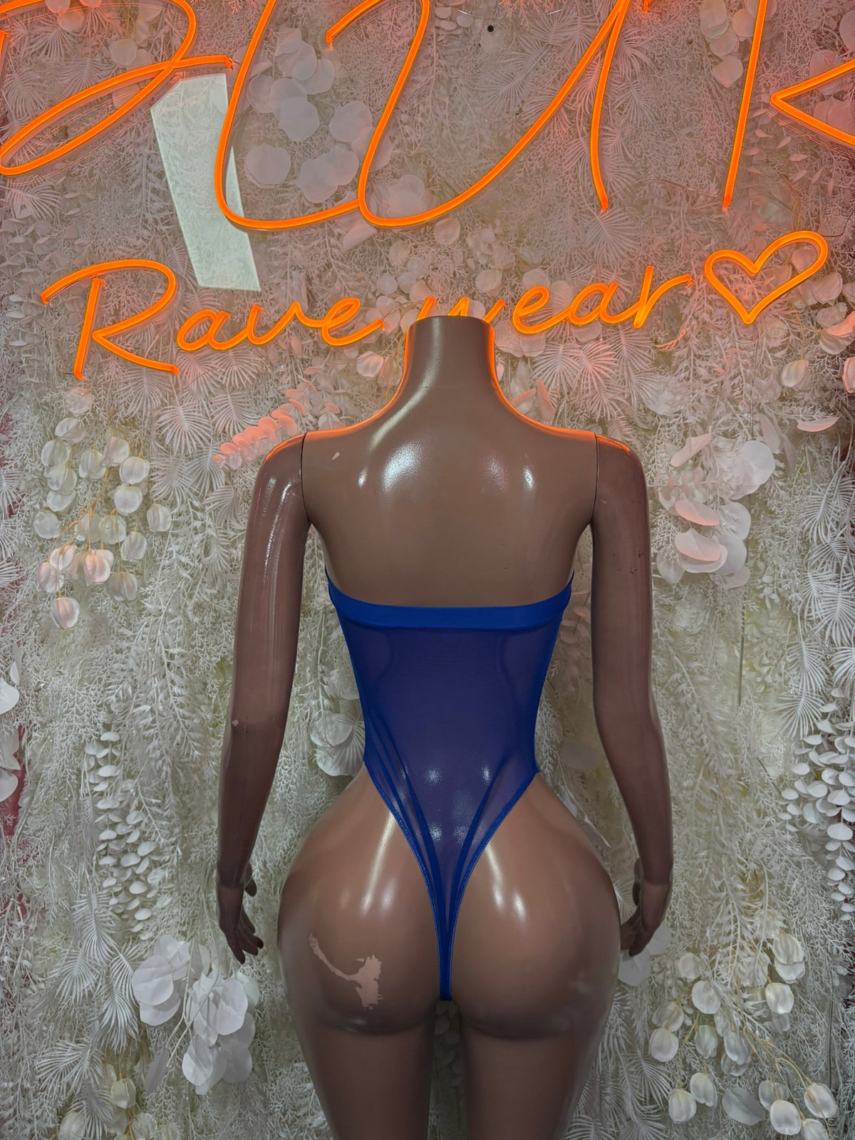 Royal blue lace bodysuit with low back and thong cut