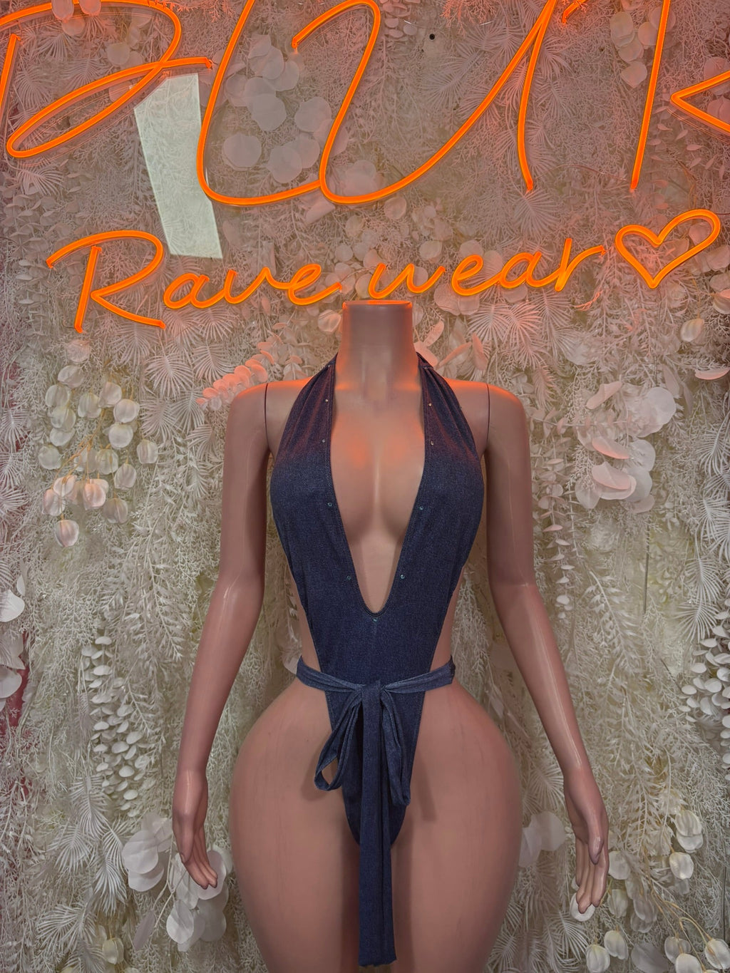 Navy wrap plunge bodysuit with deep V neckline and tie waist