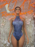 Blue denim print halter bodysuit, sleeveless front with high-cut bottom