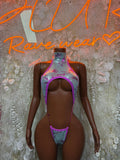 Pink iridescent halter bodysuit with front oval cutout and thong bottom