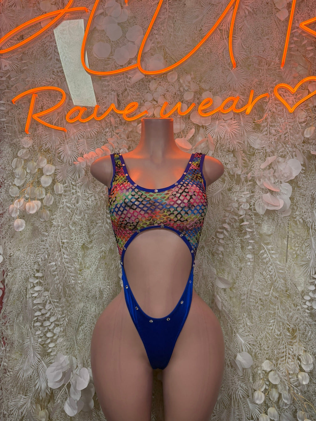 Rave bodysuit with multicolor net overlay and cutout backless lower front