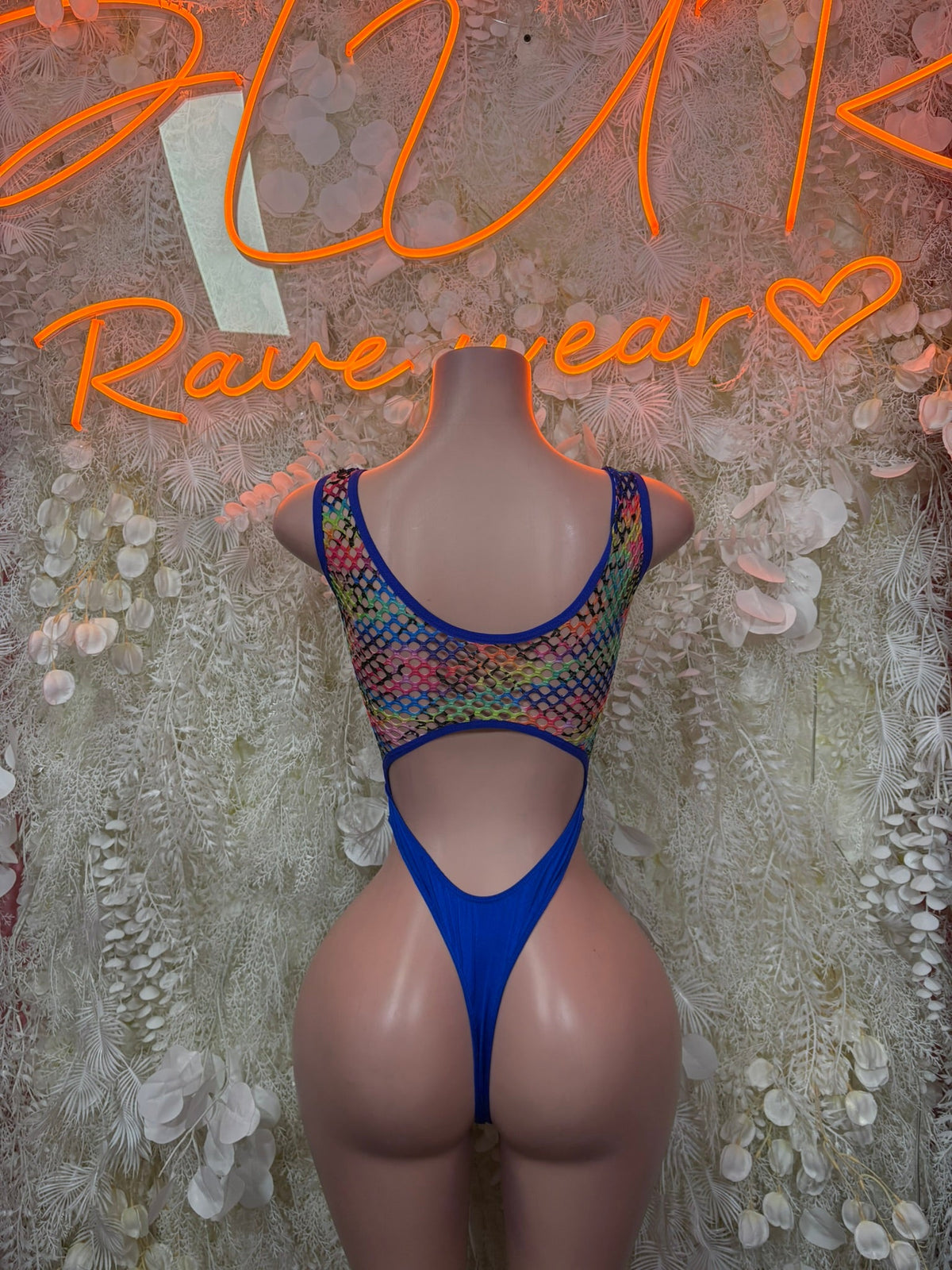 Rave bodysuit in multicolor net with high neck and large back cutout