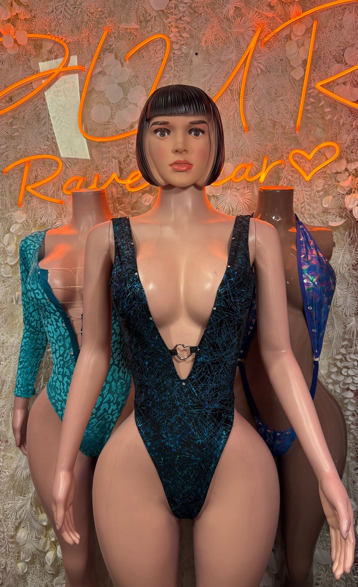 Royal blue glitter plunge halter bodysuit, deep V neckline and thick shoulder straps