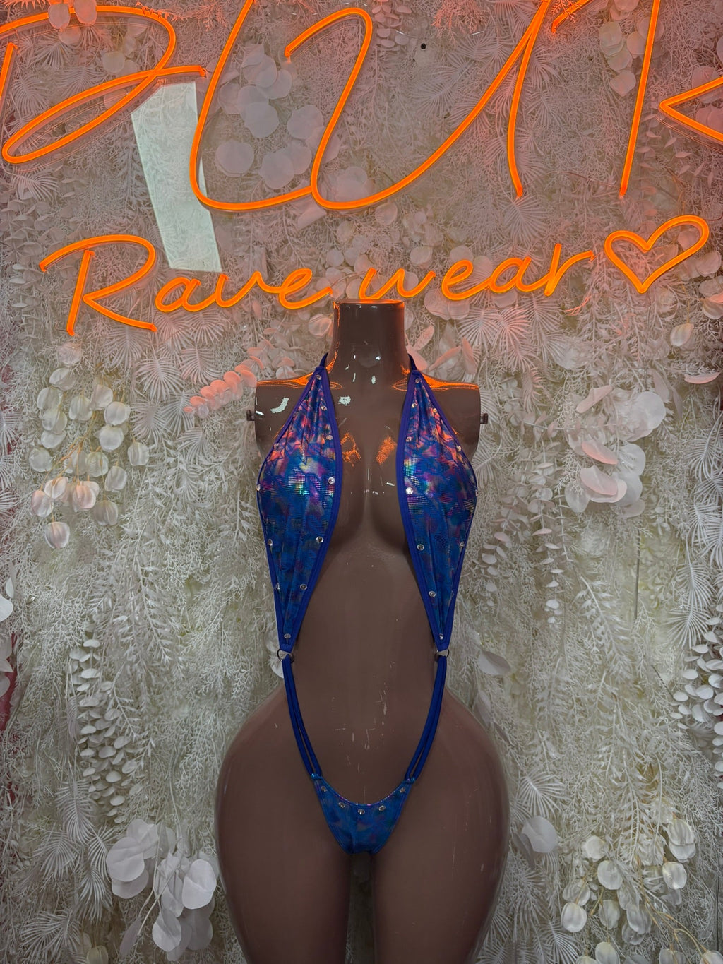 Royal blue glitter plunge halter bodysuit with wide straps and low V neckline