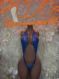 Royal blue glitter plunge halter bodysuit with wide straps and low V neckline