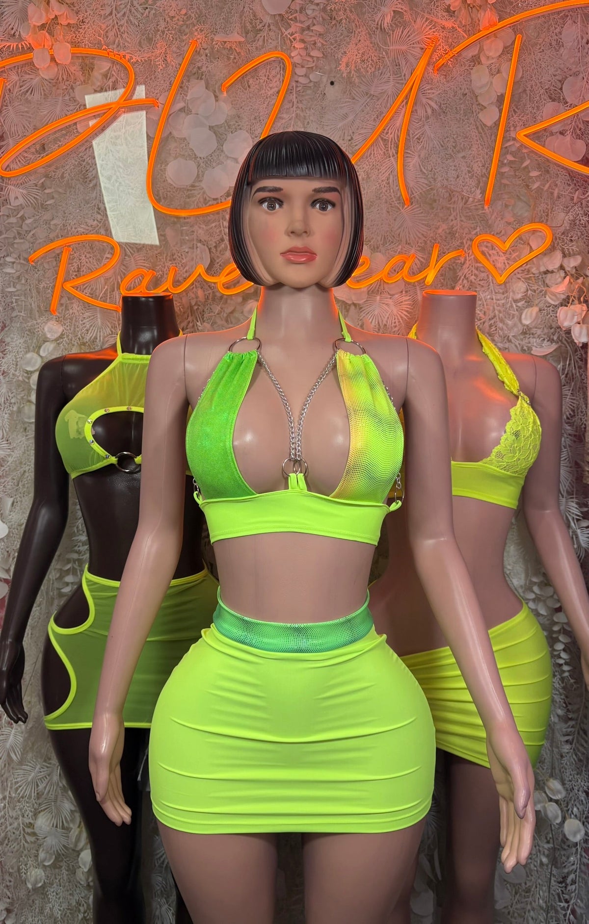 Neon lime halter crop top and mini skirt dance set, tied back straps