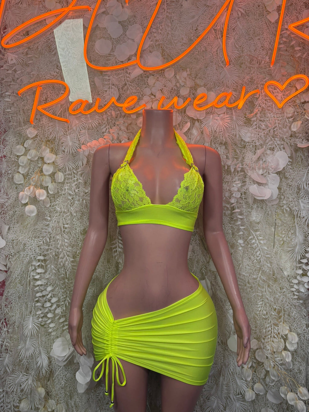 Neon lime ruched mini skirt set with triangle bralette and tie-side skirt