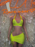 Neon lime ruched mini skirt set with triangle bralette and tie-side skirt