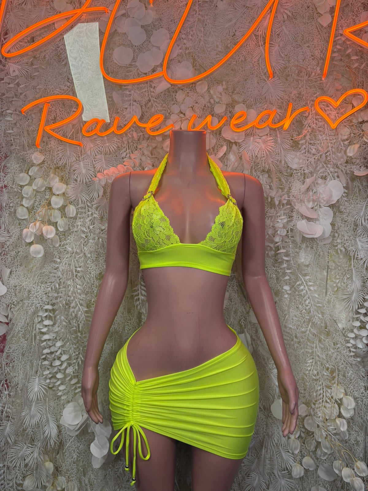 Neon lime ruched mini skirt set with triangle bralette and tie-side skirt
