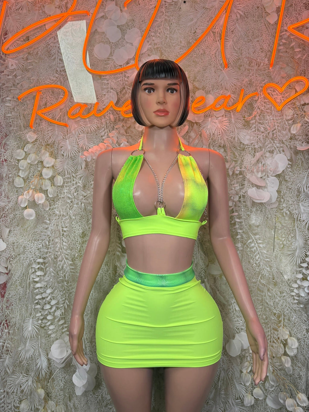 Neon lime halter bra crop top and ruched mini skirt set