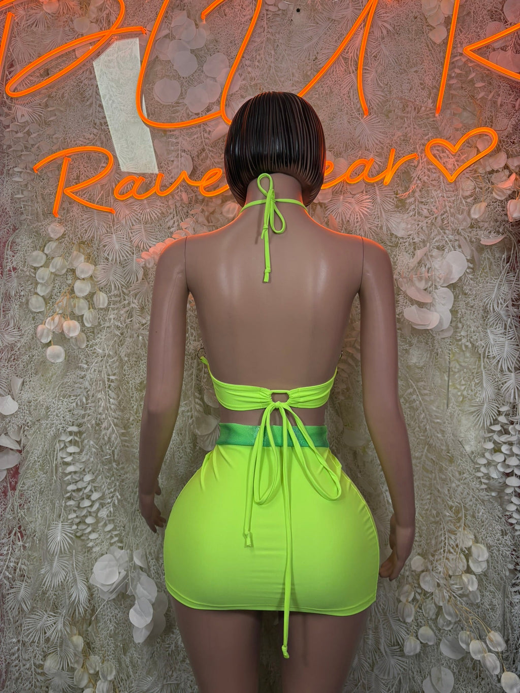 Neon lime halter backless crop top and mini skirt set with ribbon tie