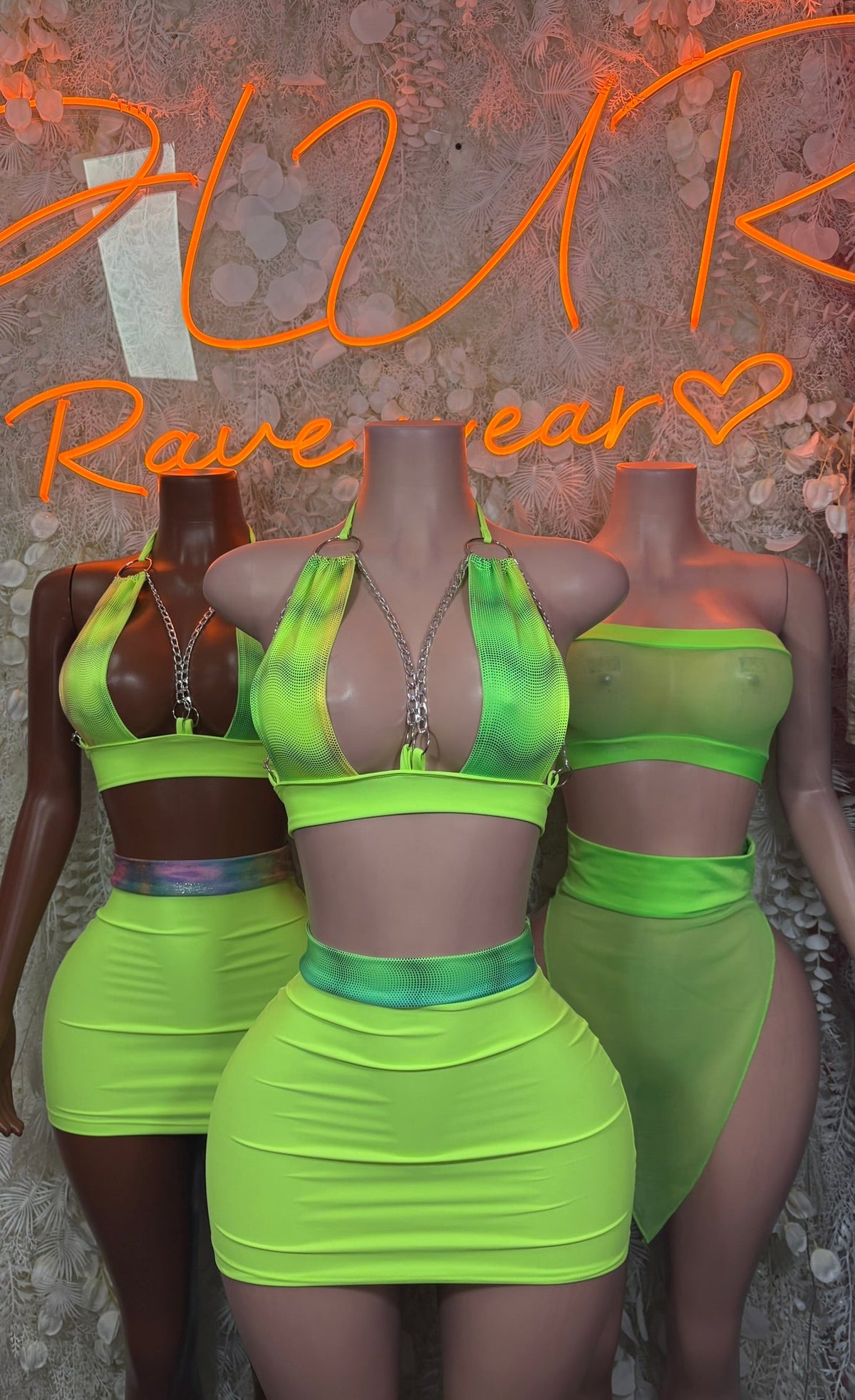 Neon lime two-piece dancewear set: halter crop top with matching ruched mini skirt
