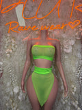 Neon lime bandeau bikini set with central cutout crop top and high-waist bottom