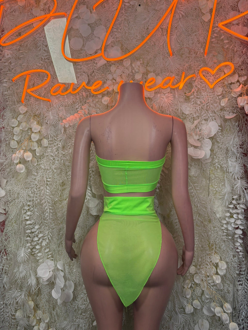 Neon lime cutout two-piece bikini set with bandeau crop top and high-waist bottoms