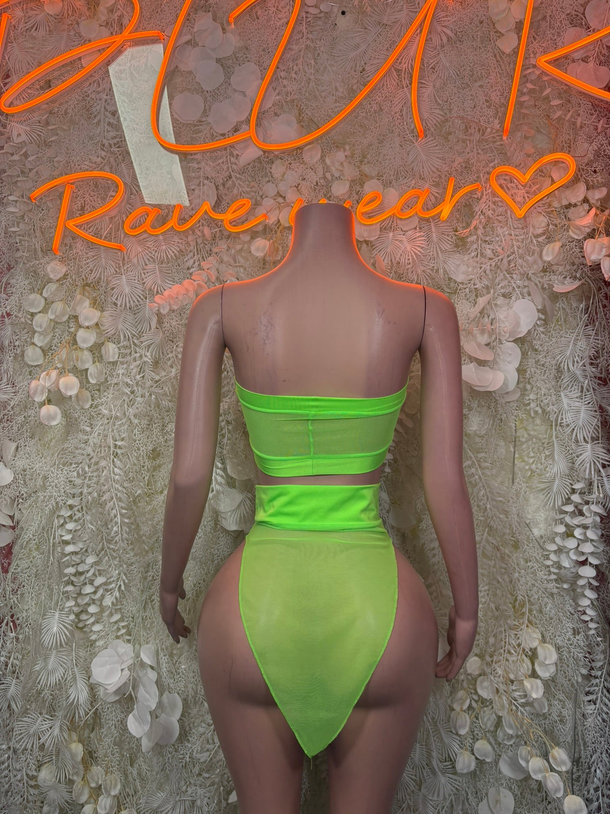 Neon lime cutout two-piece bikini set with bandeau crop top and high-waist bottoms