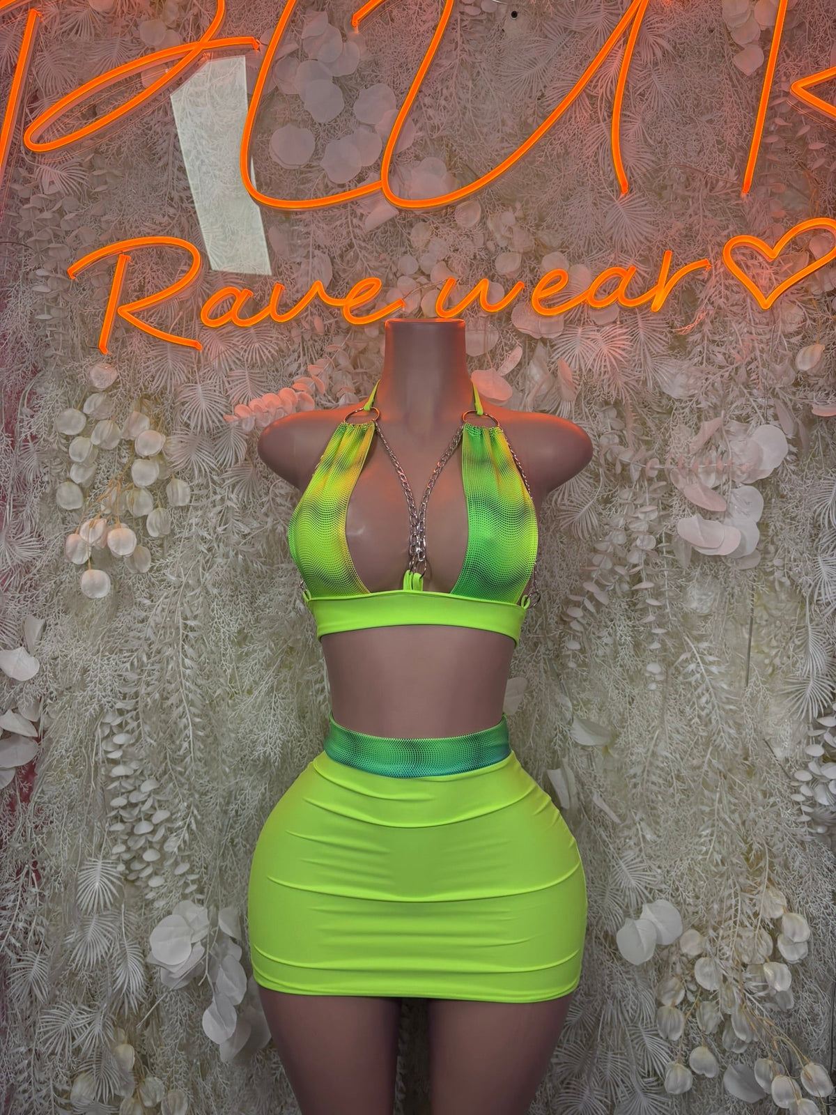 Neon lime halter crop top and ruched mini skirt two-piece dancewear set
