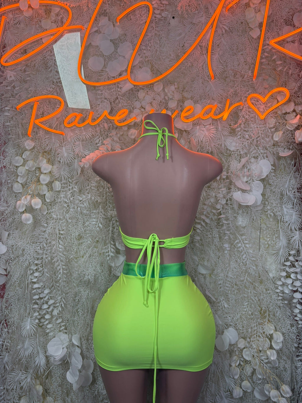 Neon lime halter crop top and mini skirt set with crisscross back ties
