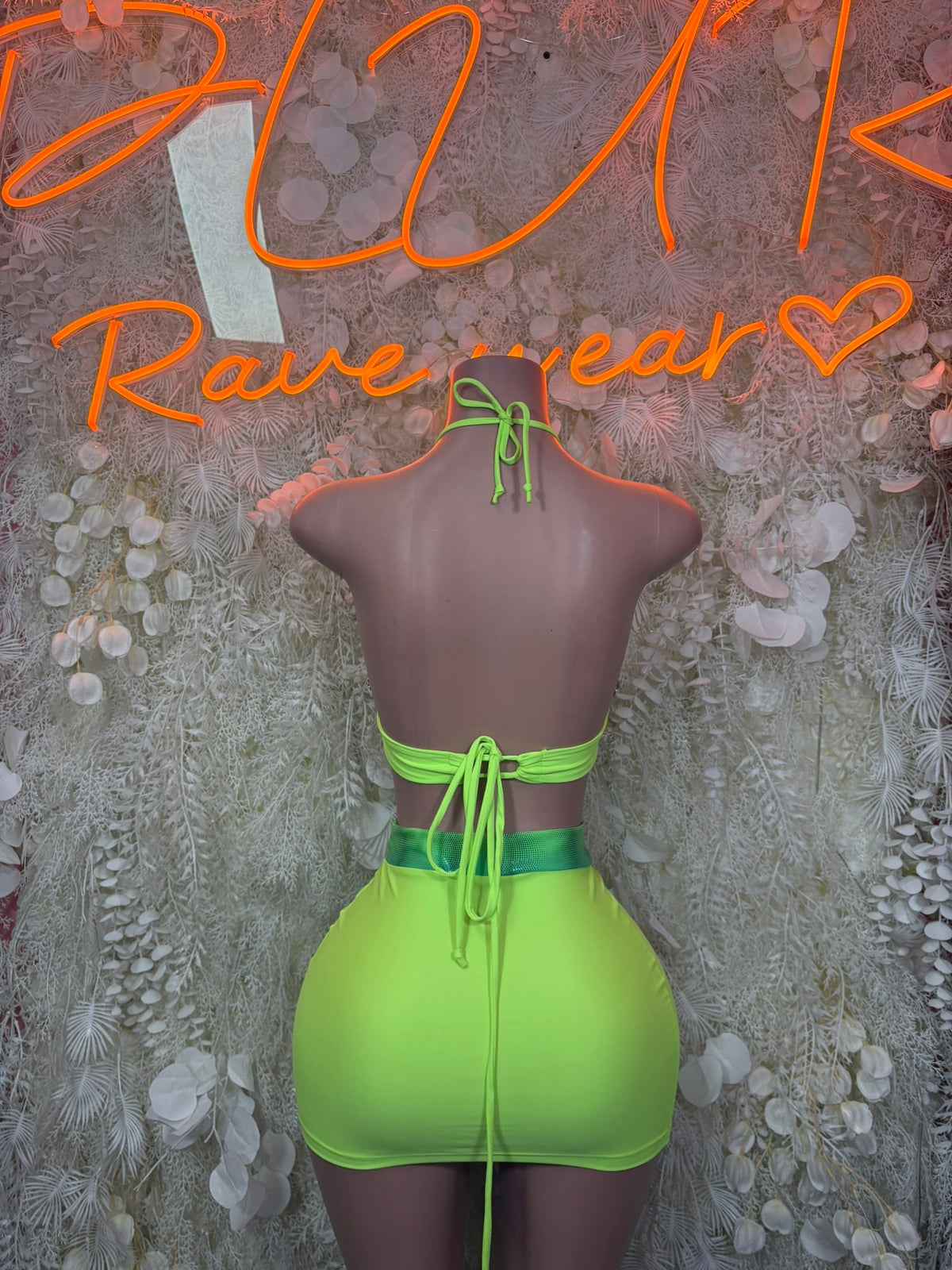 Neon lime halter crop top and mini skirt set with crisscross back ties