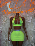 Neon lime halter crop top with matching mini skirt, neon green set