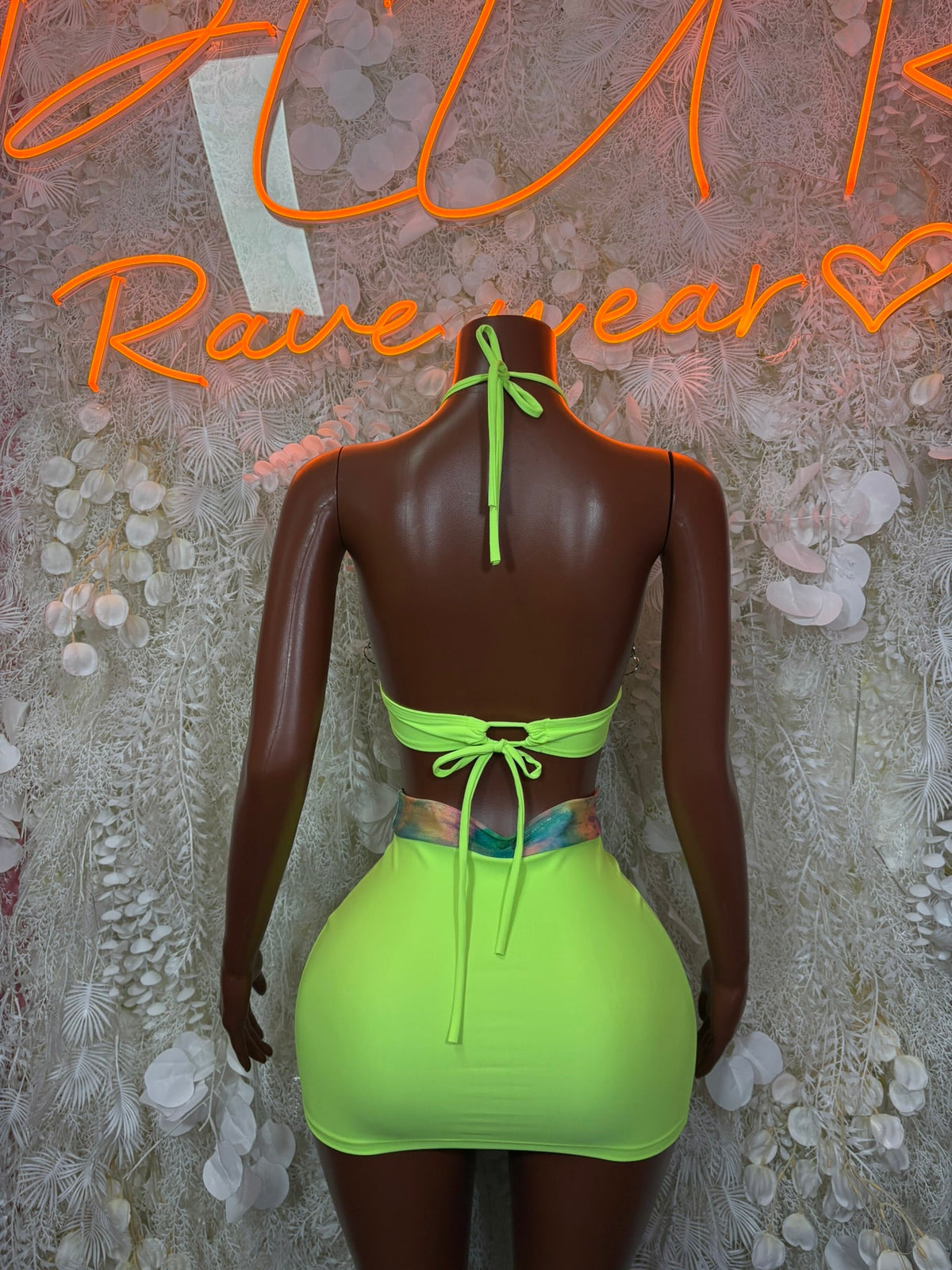 Neon lime halter back with tie straps and matching mini skirt, two-piece set