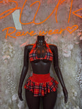 Red plaid ruffle mini skirt with cross halter neckline costume set, front