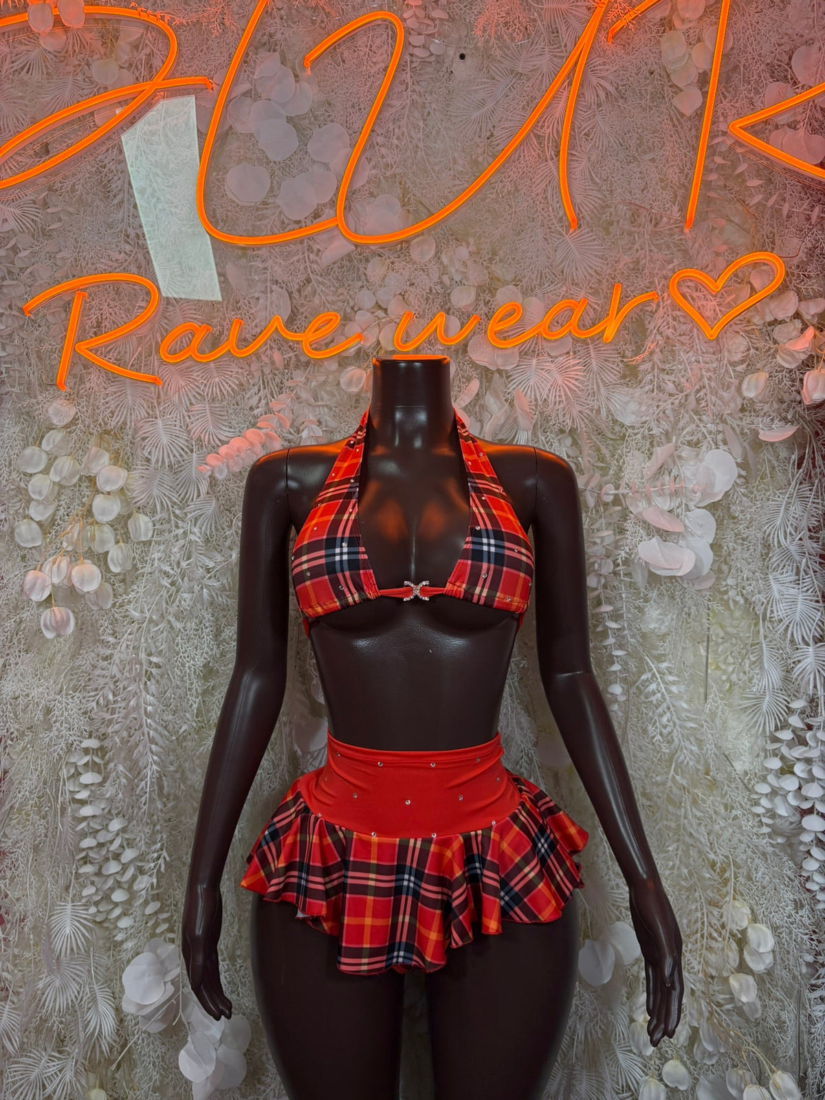 Red plaid ruffle mini skirt with cross halter neckline costume set, front