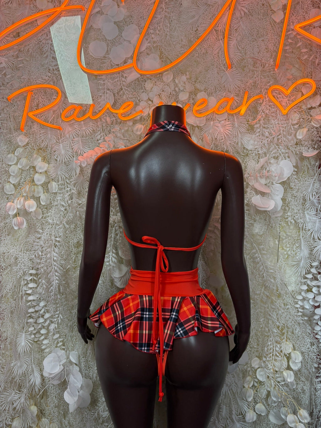 Red plaid ruffle mini skirt with tie-back halter costume set, back view