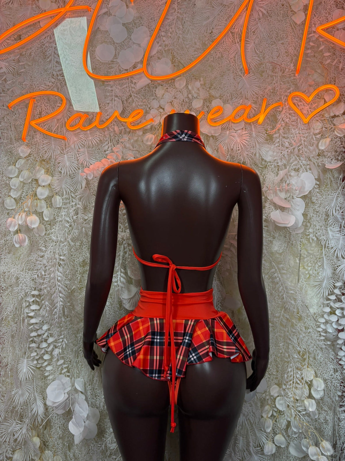 Red plaid ruffle mini skirt with tie-back halter costume set, back view