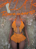 Orange halter ruffle two-piece set with cropped top and tiered mini skirt