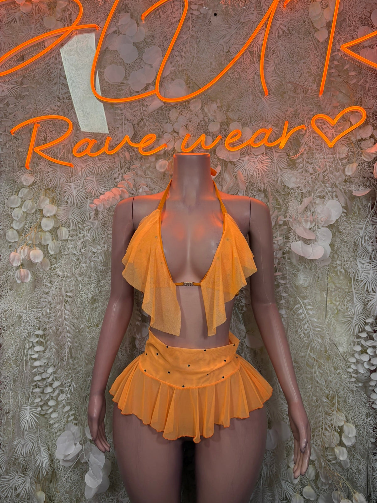 Orange halter ruffle two-piece set with cropped top and tiered mini skirt