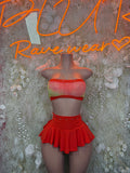 Red striped-trim mesh bandeau top and red ruffle mini skirt costume set