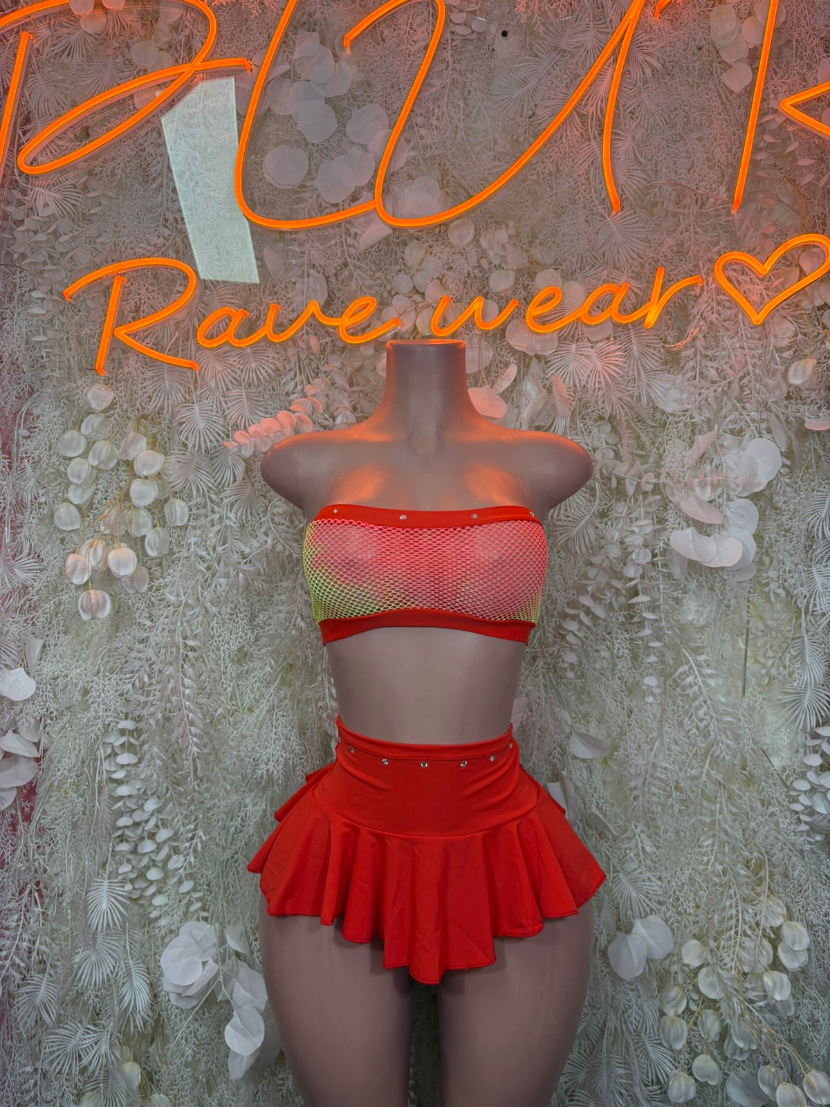 Red striped-trim mesh bandeau top and red ruffle mini skirt costume set