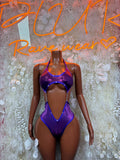 Purple iridescent halter bodysuit with high-cut legs and oval chest cutout