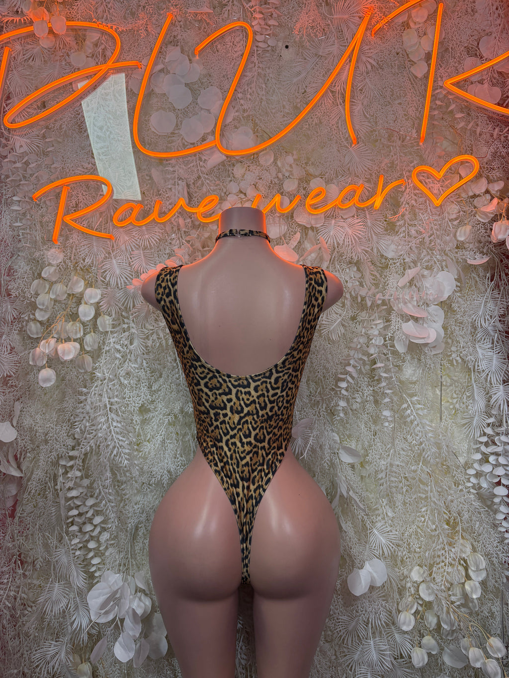 Back view leopard-print scoop-neck bodysuit, thong-style bottom