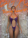 Purple plaid cutout halter bodysuit with crisscross straps at chest