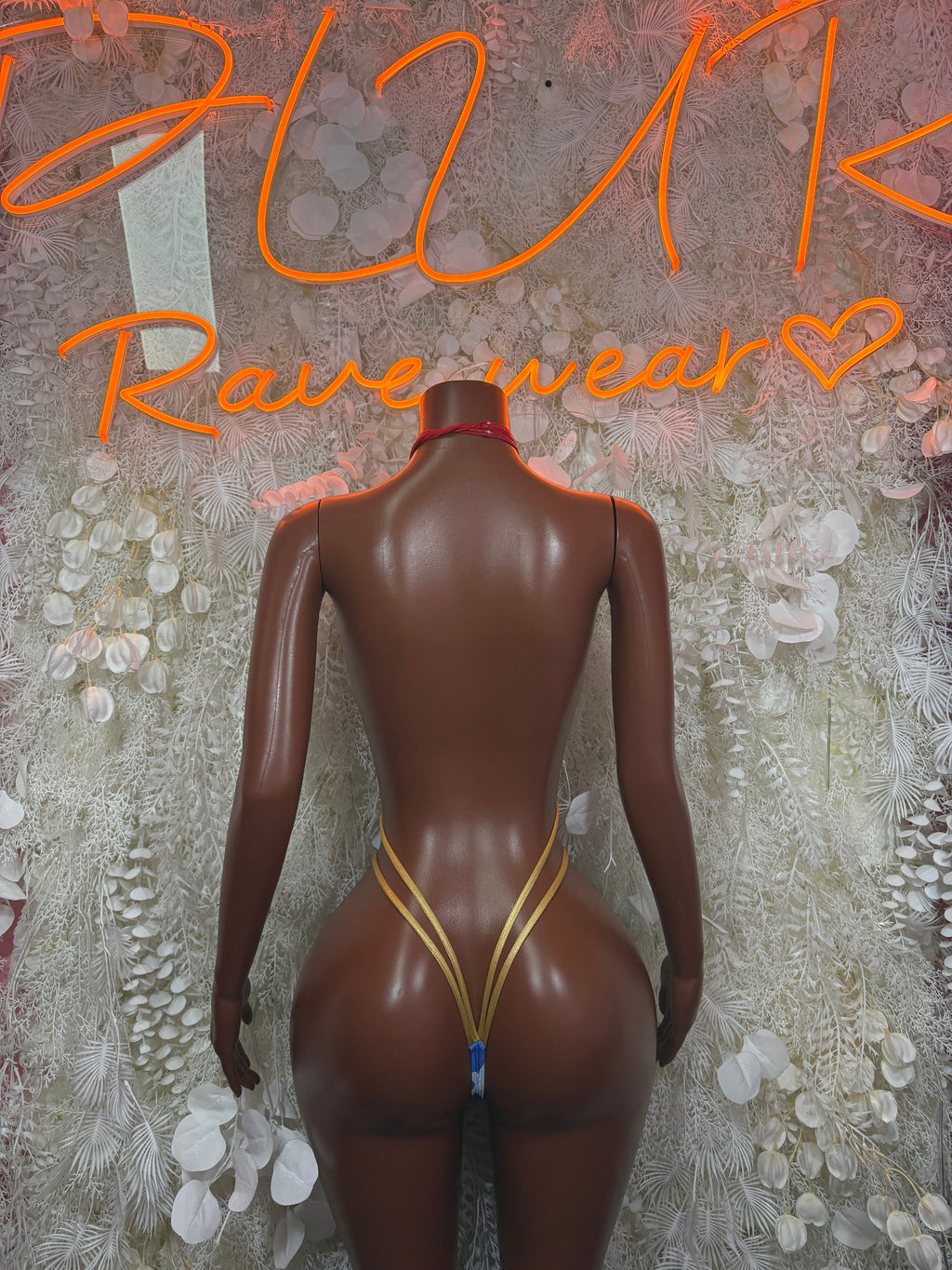 Rave bikini set back view with red halter and yellow V-back straps