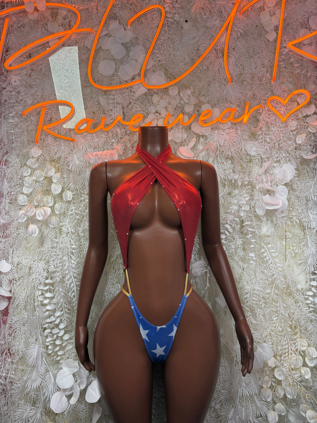 Rave bikini set with red halter tie top and blue star cheeky bottoms