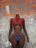 Rave bikini set with red halter tie top and blue star cheeky bottoms