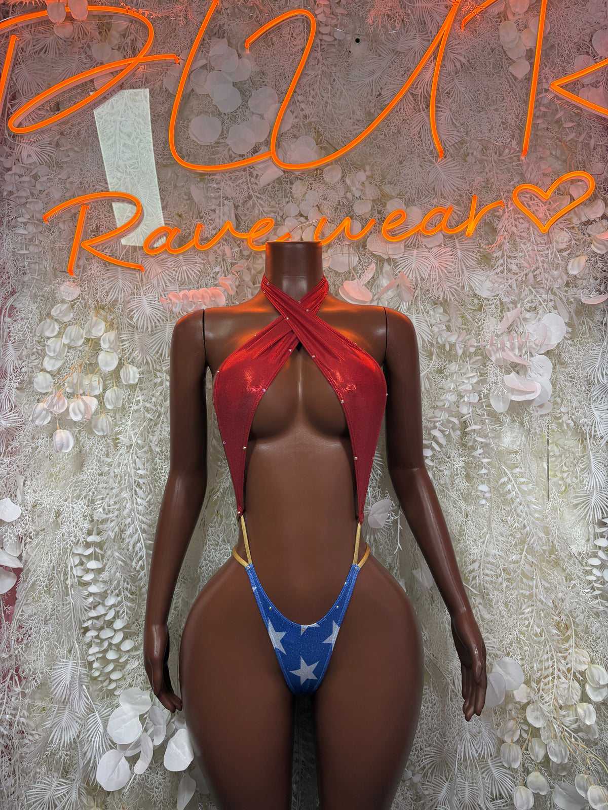 Rave bikini set with red halter tie top and blue star cheeky bottoms